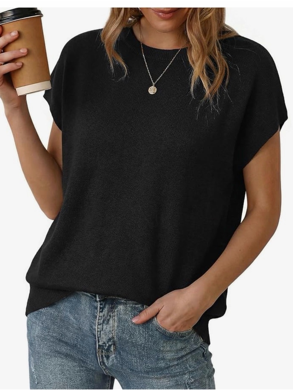 Women's Black Short Sleeve Knit Sweatshirt - Casual Crewneck